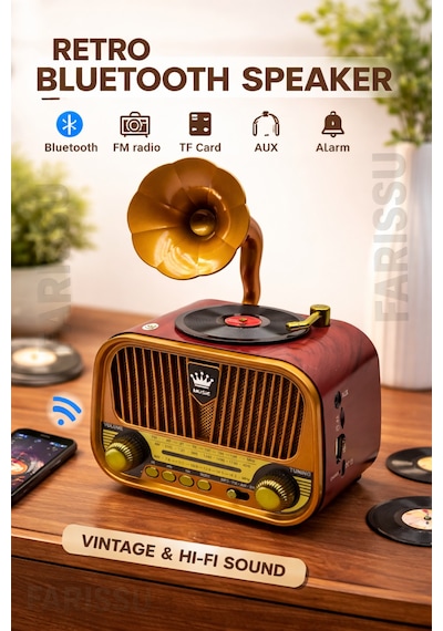 Nostaljik Gramofon Tasarımlı Bluetooth Radyo Fm/am/sw Usb & Tf Kart Destekli Type-c Şarjlı