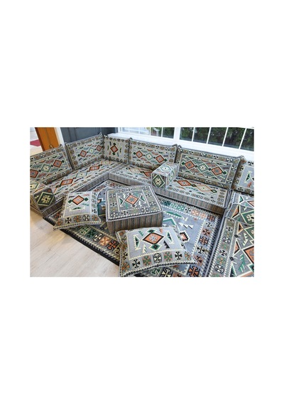 Otantik Şark Köşesi Takımı Gri Anadolu 18 Parça Kilim Ve Puf Dahil Süngerli Sedir Seti