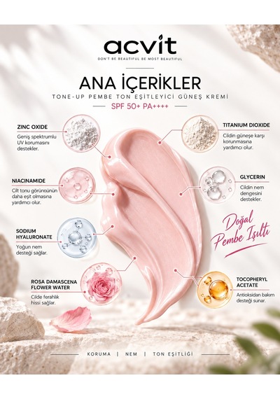 Acvit Tone Up Yeni Nesil Pembe Ton Eşitleyici Güneş Kremi SPF50+ Pa++++ 100 ML