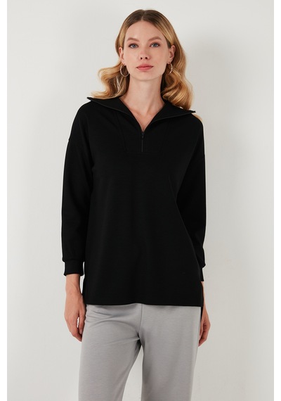 Lela Regular Fit Fermuarlı Yaka Önü Kısa Arkası Uzun Bayan Sweat 5865876 Siyah