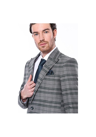 Wessi Ekose Slim Fit Tek Düğme Yeşil Erkek Ceket Siyah