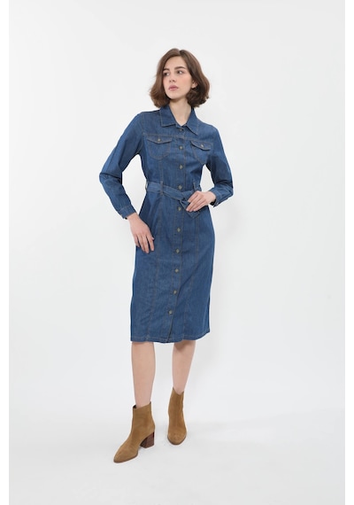 Banny Jeans Kadın Önden Düğmeli Kemerli Jean Elbise Koyu Mavi