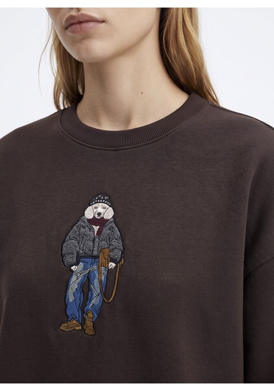 Fabrika Kahverengi Kadın Bisiklet Yaka Loose Fit Nakışlı Sweatshirt F6wl-swt0086 Kahve