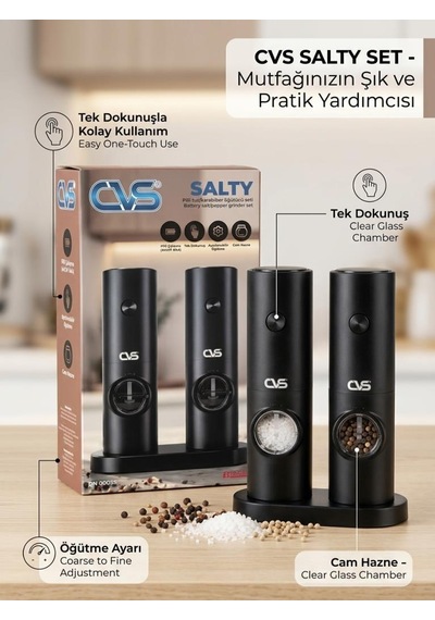 Cvs Dn 00039 Pilli Işıklı Tuz Ve Karabiber Değirmeni Siyah