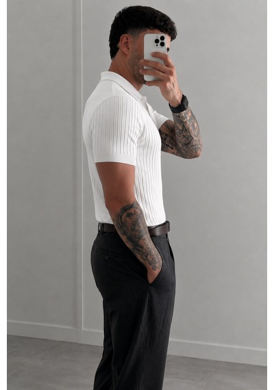 Tarz Cool Premium Fitilli Triko Polo Yaka Erkek Old Money T-shirt Beyaz