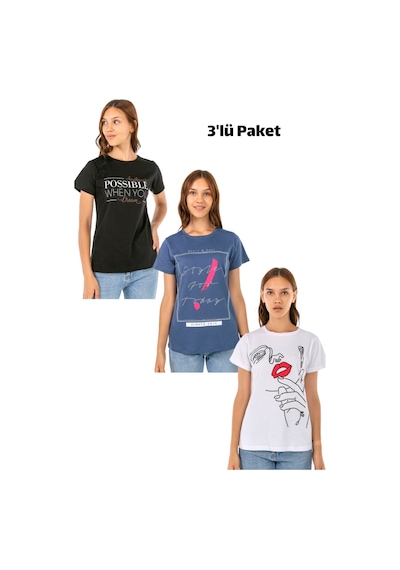 Kadın Penye Baskılı 3'lü Paket T-shirt Beyaz - Mavi