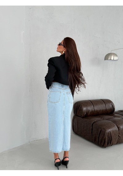 Yüksek Bel Yırtmaçlı Denim Etek Çok Renkli