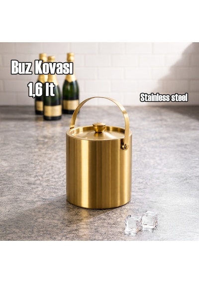 Porsima Lfs-1,6 Termoslu Çift Cidarlı İki Katmanlı Paslanmaz Çelik 1,6lt Buz Kovası Kapaklı Buzluk Gold Gold