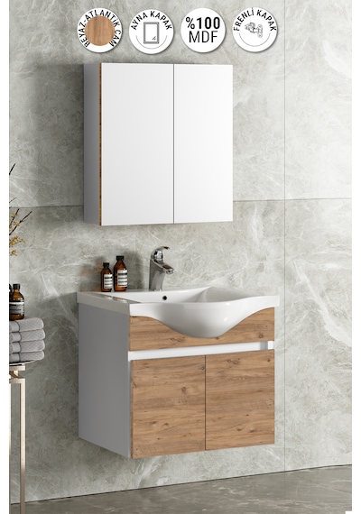Yıldız 55 Cm Beyaz-atlantik Mdf Lavabolu Asma Banyo Dolabı Takımı Beyaz - Atlantik Çam