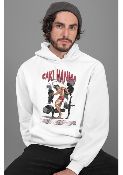 Sevbano Tasarım Baki Hanma Baskılı Unisex Oversize Baki Wiki Anime Hoodie beyaz