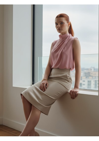 Pera Moda Boğazlı İç Göstermeyen Sıfır Kol Kadın Gömleği Pembe