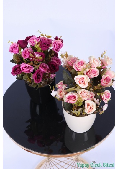 Yapay Çiçek Sitesi Plastik Saksıda Yapay Çalı Gülü Tanzimi 2'li Set 30 Cm Fuşya Mor - Somon Pembe