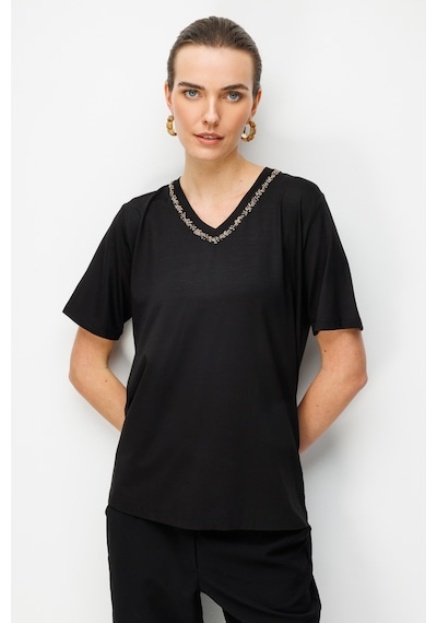 Kadın V Yaka Yaka Kenarı İşlemeli Penye T-shirt Siyah Siyah Kadın V Yaka Yaka Kenarı İşlemeli Penye T-shirt Siyah Siyah