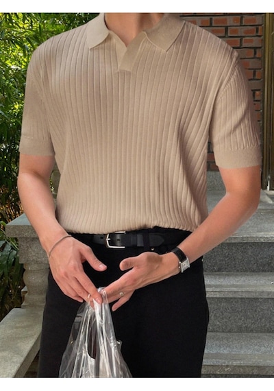 Erkek Fitilli Polo Yaka Triko T-shirt Gri