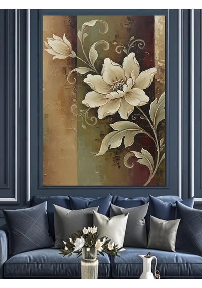 Ahşap Tablo Tek Beyaz Çiçek Art Deco Fon