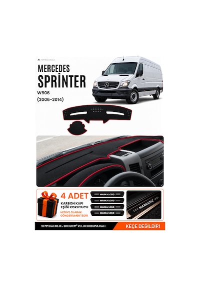 Mercedes Sprinter W906 2006-2014 Uyumlu Torpido Örtüsü, Torpido Kılıfı - Siyah-kırmızı - Mb020