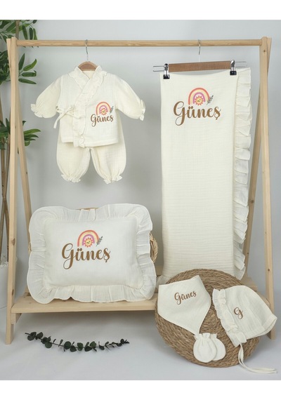 Gros Shop Müslin Yeni Doğan 4katlı Organik %100pamuk Kişiye Özgü Nakışlı Hastane Çıkış Seti Gökkuşağı Model-3 Ekru-2