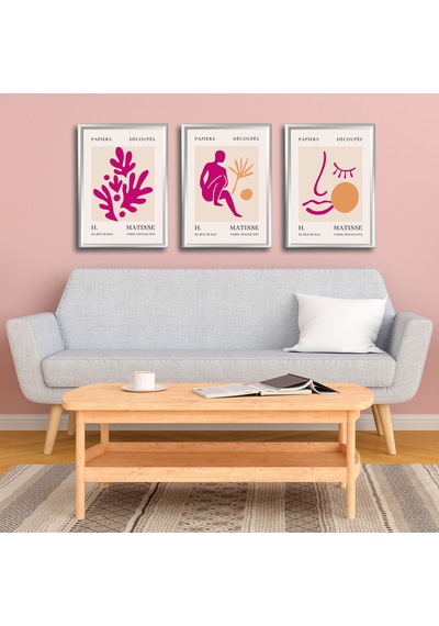 Henri Matisse 3'lü Alüminyum Çerçeveli Poster Seti - Önden Açılır A3 Açılır Kapanır Çerçeve Seti Fuşya Pembe Soyut Figürler, Gümüş