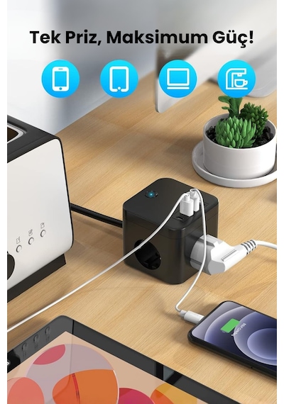 Yeni 3680w Pro Power 2xtype-c Ve 2x Usb Girişli Anahtarlı 3lü Çoğaltıcı Küp 2mt Kablolu Akım Korumalı Priz 2