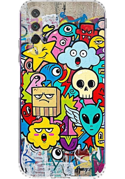 Huawei Nova 5t İle Uyumlu Grafiti Doodle Tasarımlı Şeffaf Silikon Kılıf Şeffaf