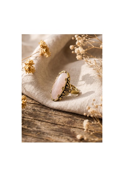 Esoo Jewelry Vintage Tasarım Pembe Doğal Taşlı Ayarlanabilir Kadın Yüzük - Antik Gold Görünümlü