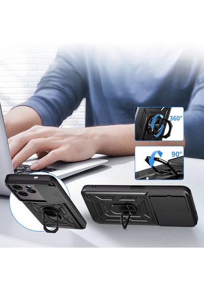 Tecno Spark 40 Kılıf Tam Korumalı Magnetik Standlı Kamera Korumalı Sürgülü Vega Kapak Siyah