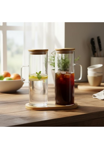 Deconox 2'li Şeffaf Cam Yağdanlık Ve Sirkelik Seti - Bambu Kapaklı Ve Özel Standlı Masaüstü Yağlık 190 Ml Diğer