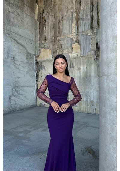 DefyModa Kadın Asimetrik Yaka Taş Detaylı Maxi Abiye Elbise Mor