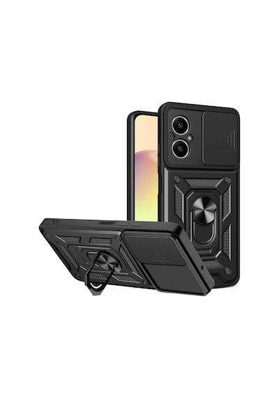Realme 12 Lite Uyumlu Tank Kılıf Yüzüklü Standlı Extra Darbe Koruma Zırhlı Outdoor Kapak Siyah