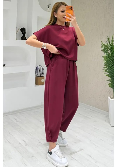 Fiolin Soft Touch Modal Kumaş Şalvar Takım Bordo