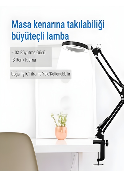 Katlanabilir Led Masa Lambası 3 Renk Modlu, Ayarlanabilir, Büyüteçli Güzellik Ve Bakım Işığı -