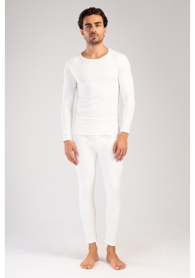 Yake Store Erkek Comfort Kayık Yaka Uzun Kol Iclık Takım - Whıte Beyaz