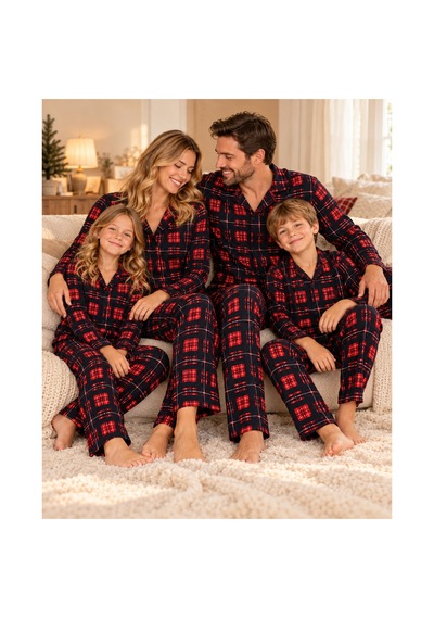 Free Beka Ekose Desenli Kırmızı Uzun Kollu Önden Düğmeli Gömlek Yaka Aile Pijama Takımı Kombini Lacivert
