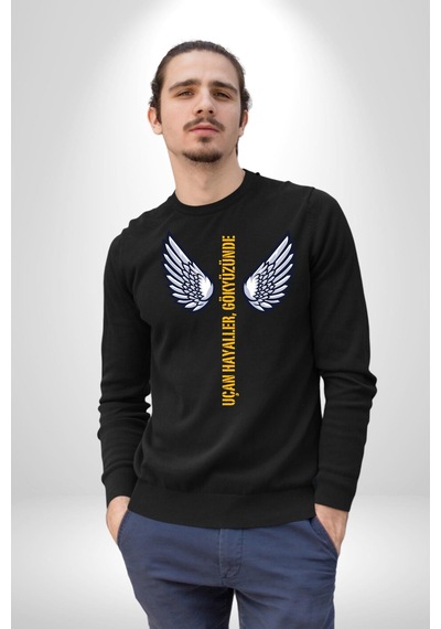 Uçan Hayaller Gökyüzünde Melek Kanatları Unisex Siyah Sweatshirt Siyah