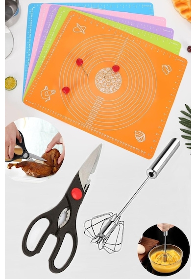 Mutfak Makası + Otomatik Basmalı Çırpıcı+büyük Boy Silikon Hamur Açma Matı 40x50cm Çok renkli