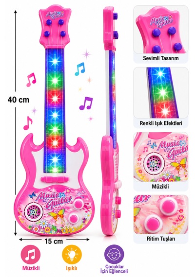 Işıklı Müzikli Oyuncak Gitar 40 Cm Pembe Mor Çocuk Gitarı