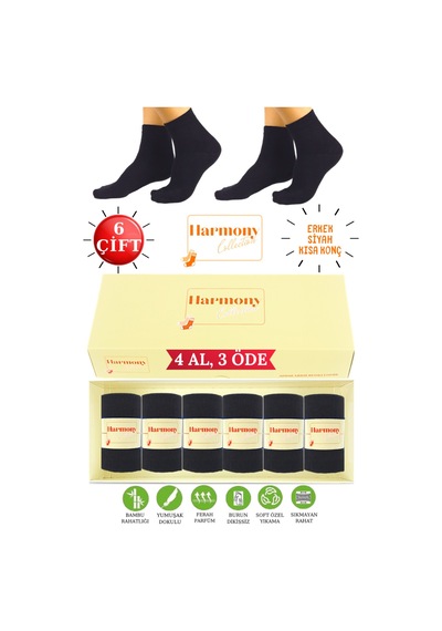 Harmony Collectıon Bambu Erkek Siyah Kısa Konç Çorap 6 Çift Özel Kutulu, Burun Dikişsiz, Premıum Socks Çok Renkli