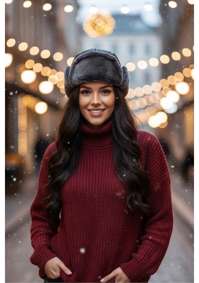Mollycrush Kadın Kışlık İçi Kürklü Kulaklı Ushanka Şapka Su Geçirmez Suni Deri Dış Yüzey Pilot Bere Siyah
