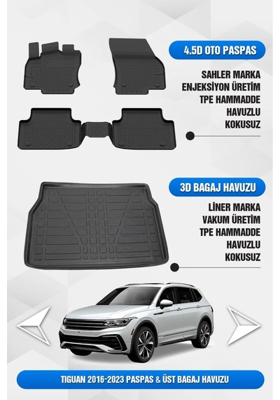 Volkswagen Tiguan 2016-2023 Uyumlu 4.5d Premium Havuzlu Oto Paspas Ve Liner Üst Bagaj Havuzu