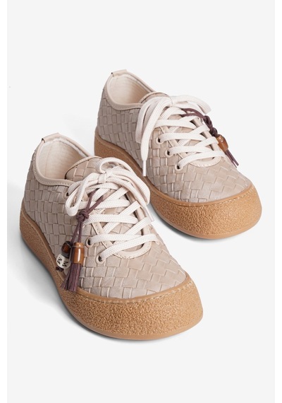 Mubiano Kadın Sneaker Örgü Desenli Boncuk Püskül Detaylı Besa Bej
