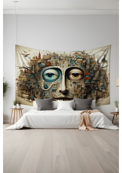 Sürreal Yüz Desenli Duvar Halısı Duvar Örtüsü Tapestry Süet Dokulu Kumaş