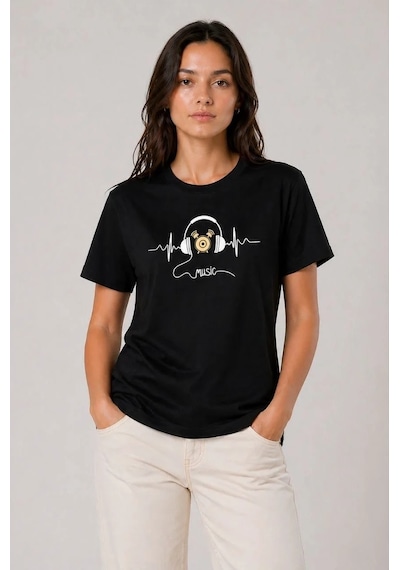 Tarzyeri Kadın Müzik Temalı Baskılı Tişört Bisiklet Yaka Kısa Kol T-shirt - Siyah