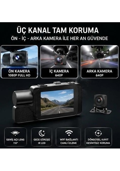 Bawerlink Bw-t111 3 Kanal Wifi Araç Kamerası 2.0" Ips Ekran Ön 1280x720p + İç + Arka Kamera Gece Görüşlü G-sensör