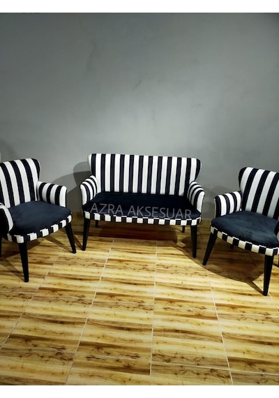 Azra Mobilya Çay Seti Koltuk Takımı Salon Balkon Kafe Ofis Kollu Oturma Grubu 2 1 1 Siyah Beyaz