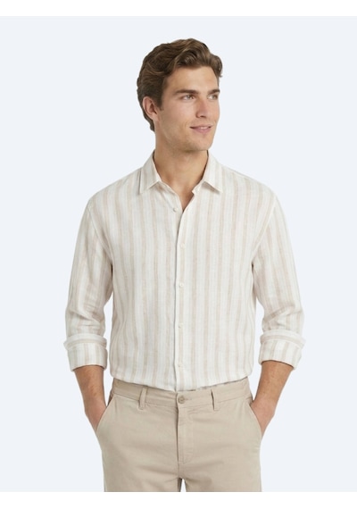 Kip Açık Bej Çizgili Oversize Fit Uzun Dokuma Casual Keten Karışımlı Gömlek