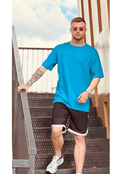 Flood Of Style Erkek Mavi Düz Oversize Tshirt