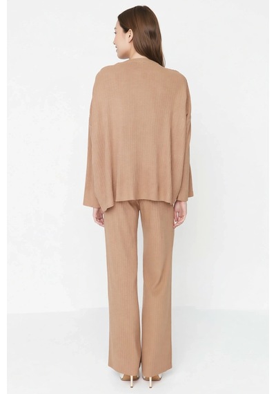 Benerly Kadın Oversize Bisiklet Yaka Uzun Kol Triko Takım Boru Paça Panto Camel