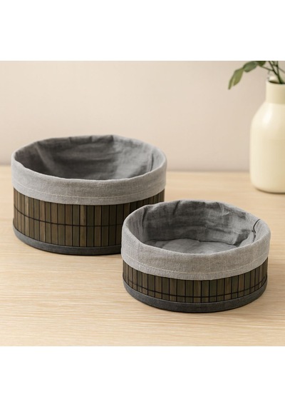 Yuvarlak Organizer Sepet - Bambu Kenarlı Ahşap Taban Bezli Çap 22x24 Cm Çok Renkli