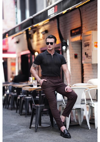 Modefendi Özel Üretim %100 Gofre Kumaş Modern Fit Kumaş Pantolon Kahverengi