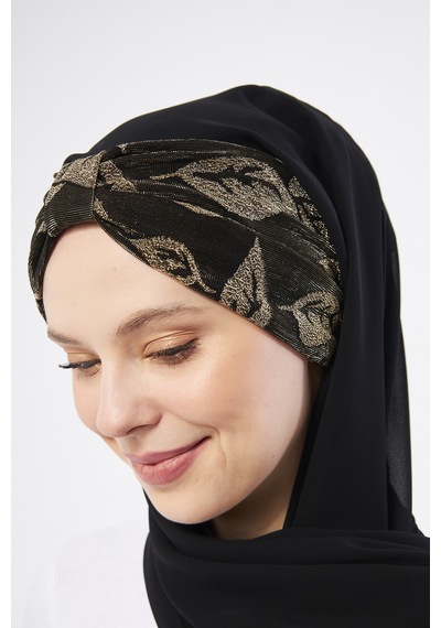 Hürrem Bone Siyah Simli Arkadan Bağlamalı Şal Şifon Çiçek Desenli 2318 01